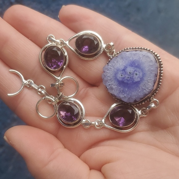 New Solar Quartz Agate and Amethyst 925 Silver Bracelet. - Picture 3 of 8